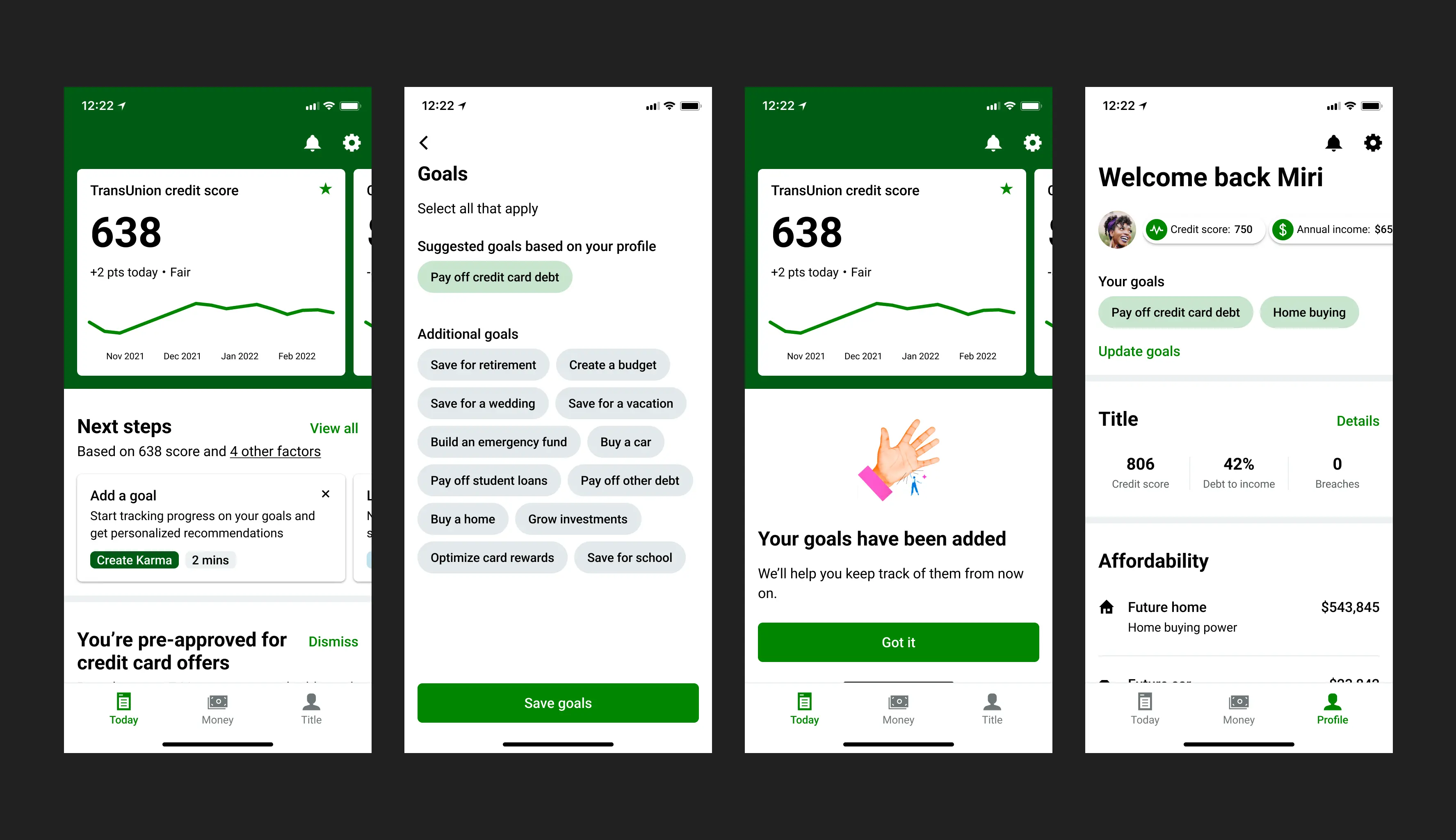 Credit Karma member flow: credit score, goal selection with suggested goals, a goals-added confirmation, and a personalized home with goals and affordability.