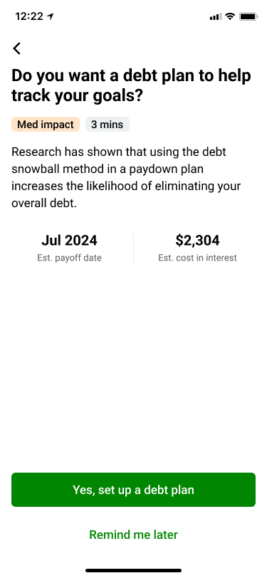 Credit Karma asks whether to set up a debt plan to track goals, with an estimated payoff date and interest cost.