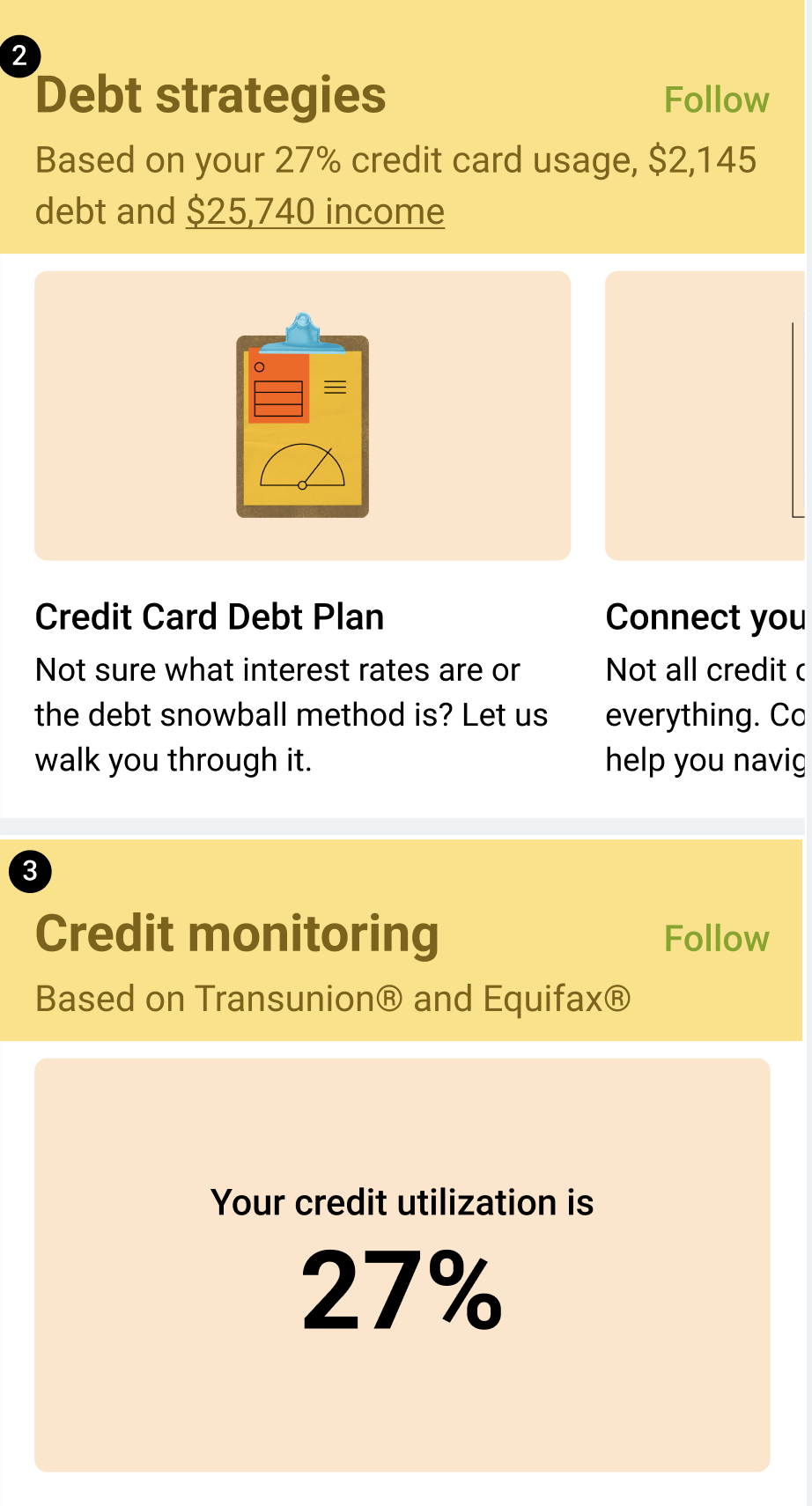 For You feed: Debt strategies with a Credit Card Debt Plan, then Credit monitoring at 27% utilization.