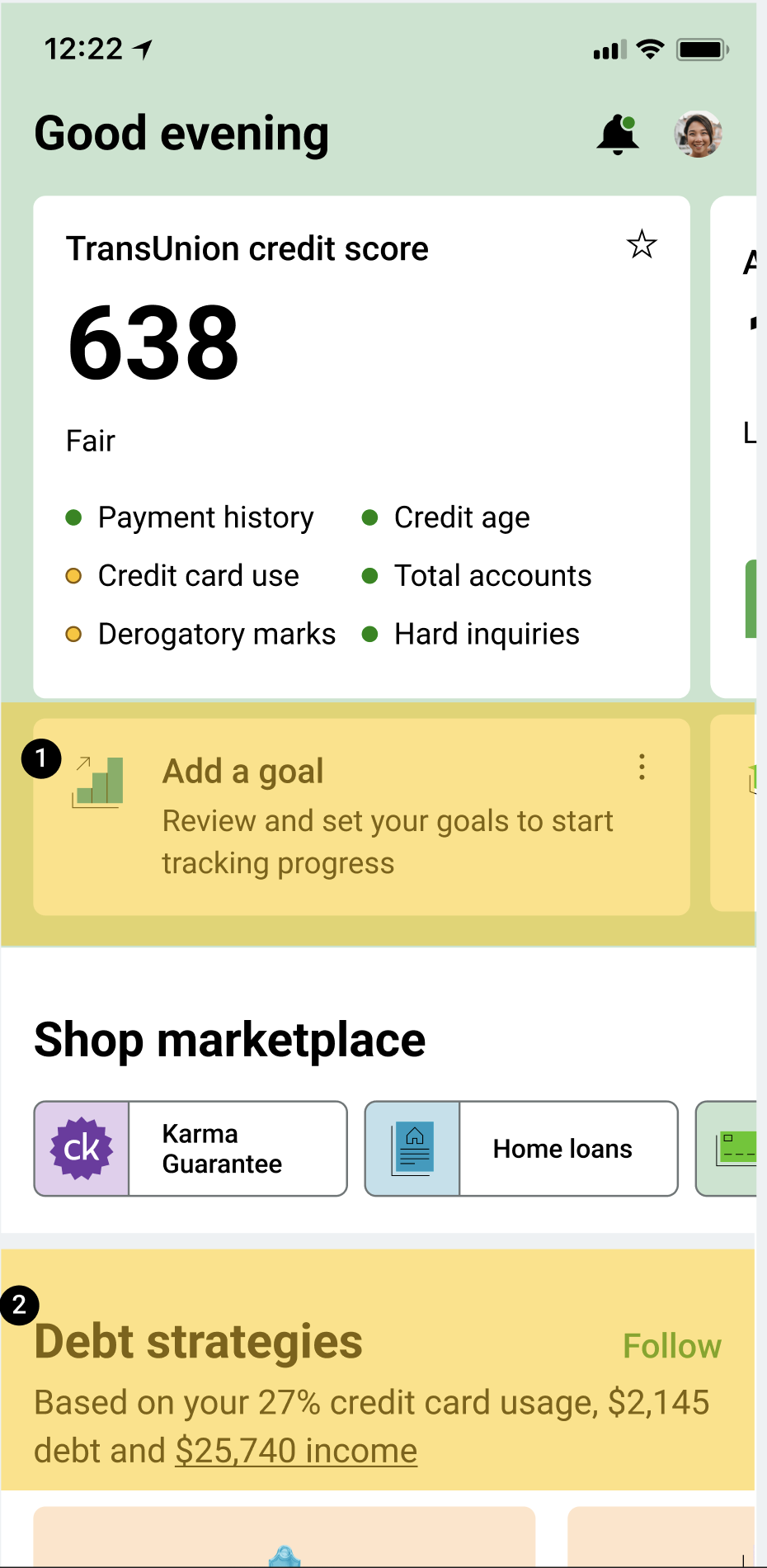 Credit Karma Today: TransUnion score 638 Fair, then an Add a goal card to review and set goals.