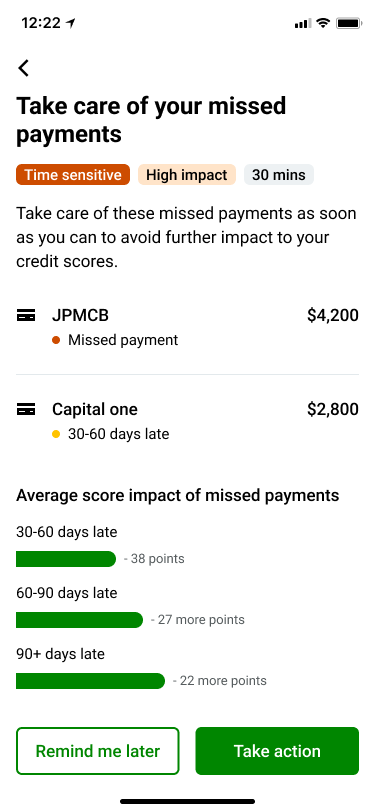 Take care of missed payments: JPMCB $4,200 and Capital One $2,800, with Take action.