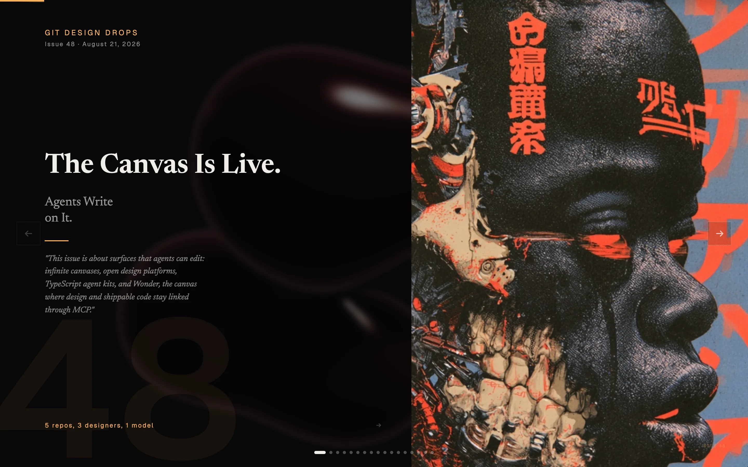 Issue 48 cover. Left: Git Design Drops, The Canvas Is Live. Right: issue art.