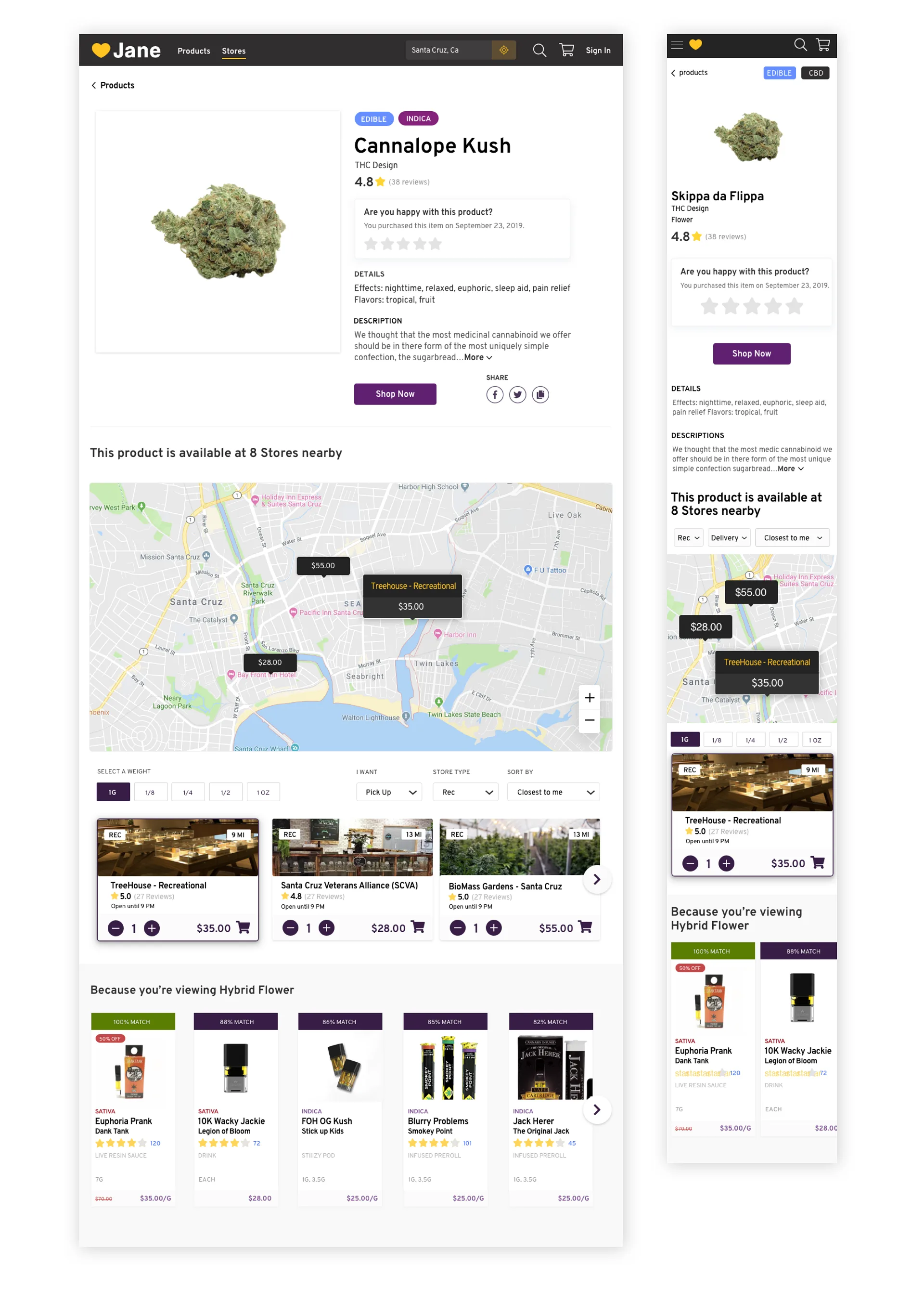 Product detail page with store map, nearby dispensary cards, and a recommendation engine.