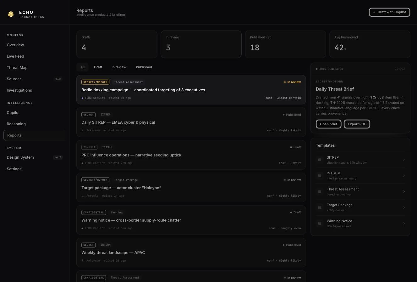ECHO reports pipeline with classification banners, draft, in-review and published states, turnaround time and templates.