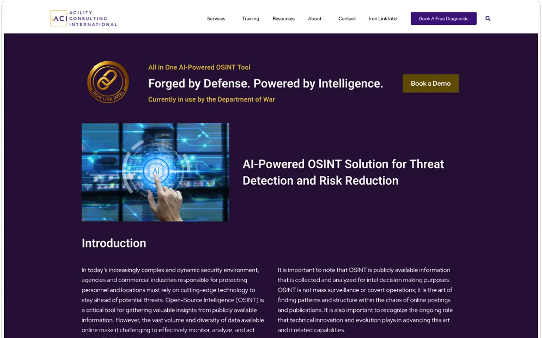 The previous Iron Link Intel marketing site on ACI Agility Consulting International: white header, gold seal, headline Forged by Defense. Powered by Intelligence.