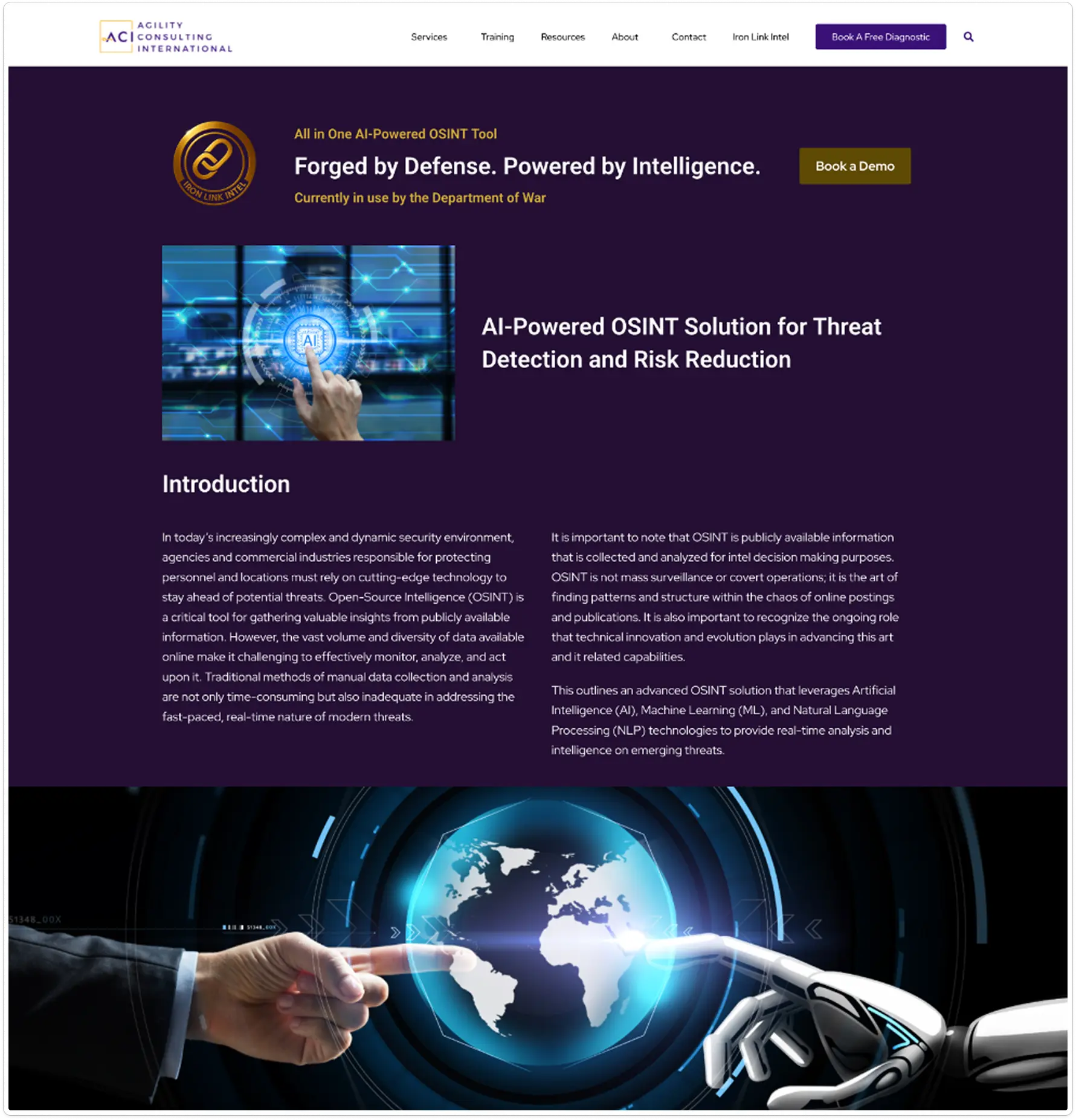 The pre-redesign Agility Consulting International site: a purple hero calling the product an “All in One AI-Powered OSINT Tool,” a subhead reading “Forged by Defense. Powered by Intelligence,” and a stock image of a hand touching a glowing chip surface.