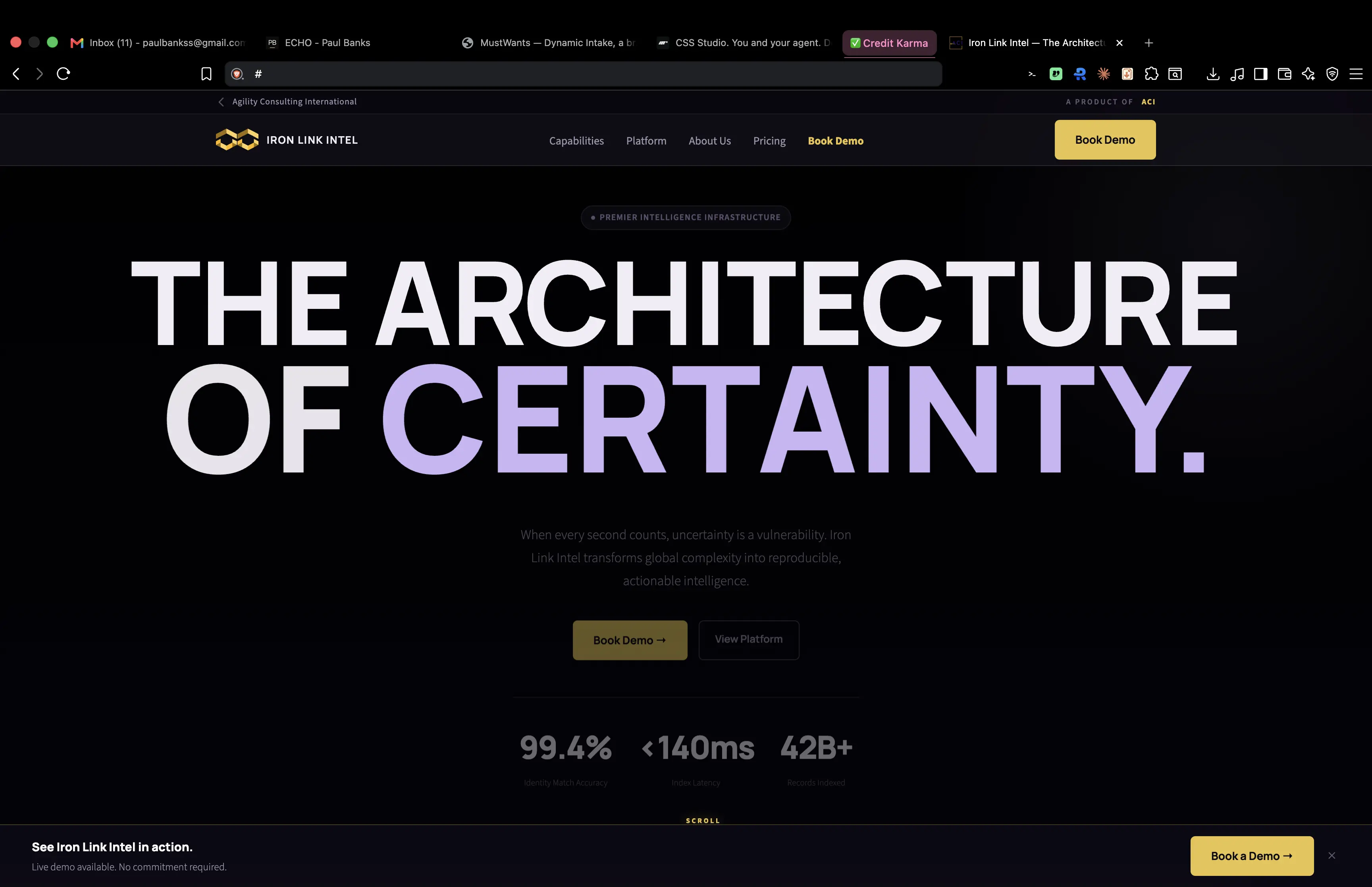 The rebuilt Iron Link Intel marketing site: a black hero with the display headline “THE ARCHITECTURE OF CERTAINTY,” a supporting subhead about turning global complexity into reproducible intelligence, and three telemetry stats — 99.4% identity match, sub-140ms index latency, 42B+ records.